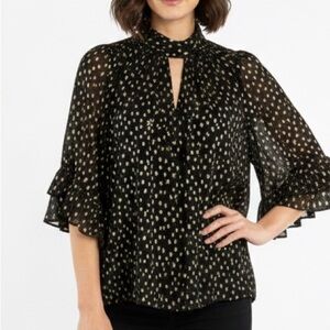 Vince Camuto Black & Gold Metallic Dot Mock Neck Blouse - Size L
